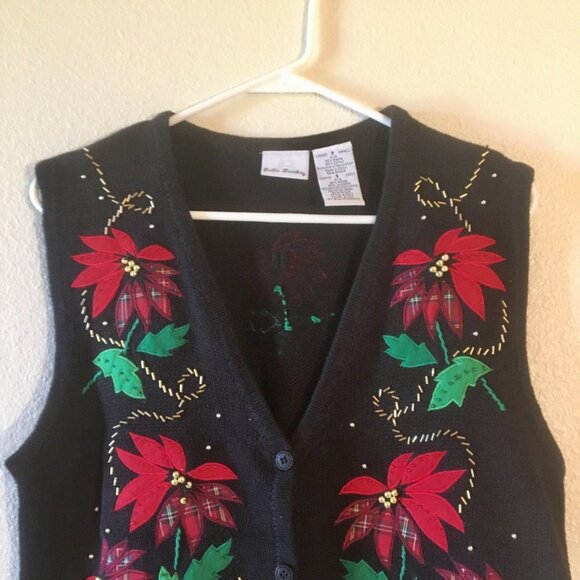 VTG Bobbie Brooks Ugly Christmas Sweater Vest Poinsettia Gold Beads Plaid Size M - Picture 2 of 5